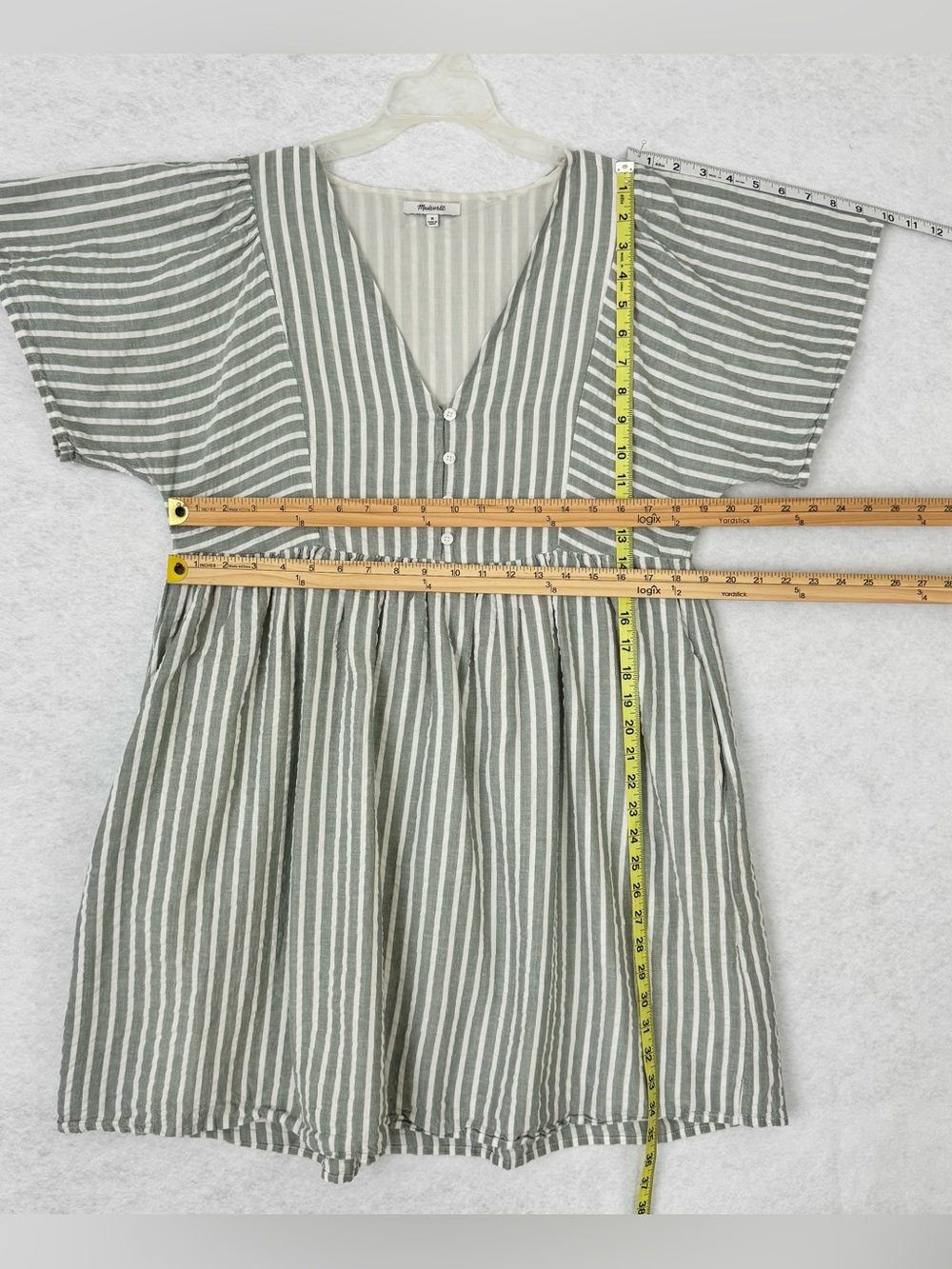 Madewell Flutter Sleeve Mini Dress Sage Green White Striped Seersucker Size M - Picture 13 of 16
